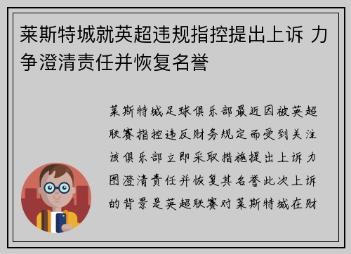 莱斯特城就英超违规指控提出上诉 力争澄清责任并恢复名誉 莱斯特城就英超违规指控提出上诉 力争澄清责任并恢复名誉
