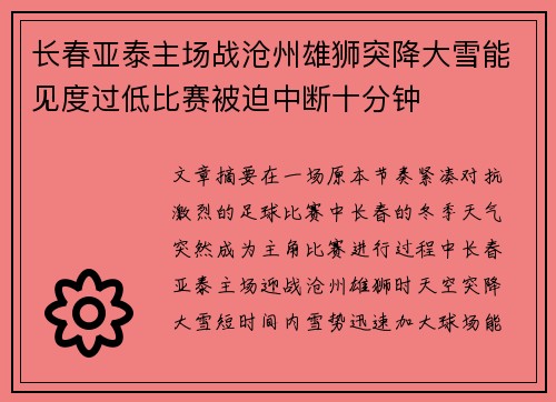 长春亚泰主场战沧州雄狮突降大雪能见度过低比赛被迫中断十分钟 长春亚泰主场战沧州雄狮突降大雪能见度过低比赛被迫中断十分钟